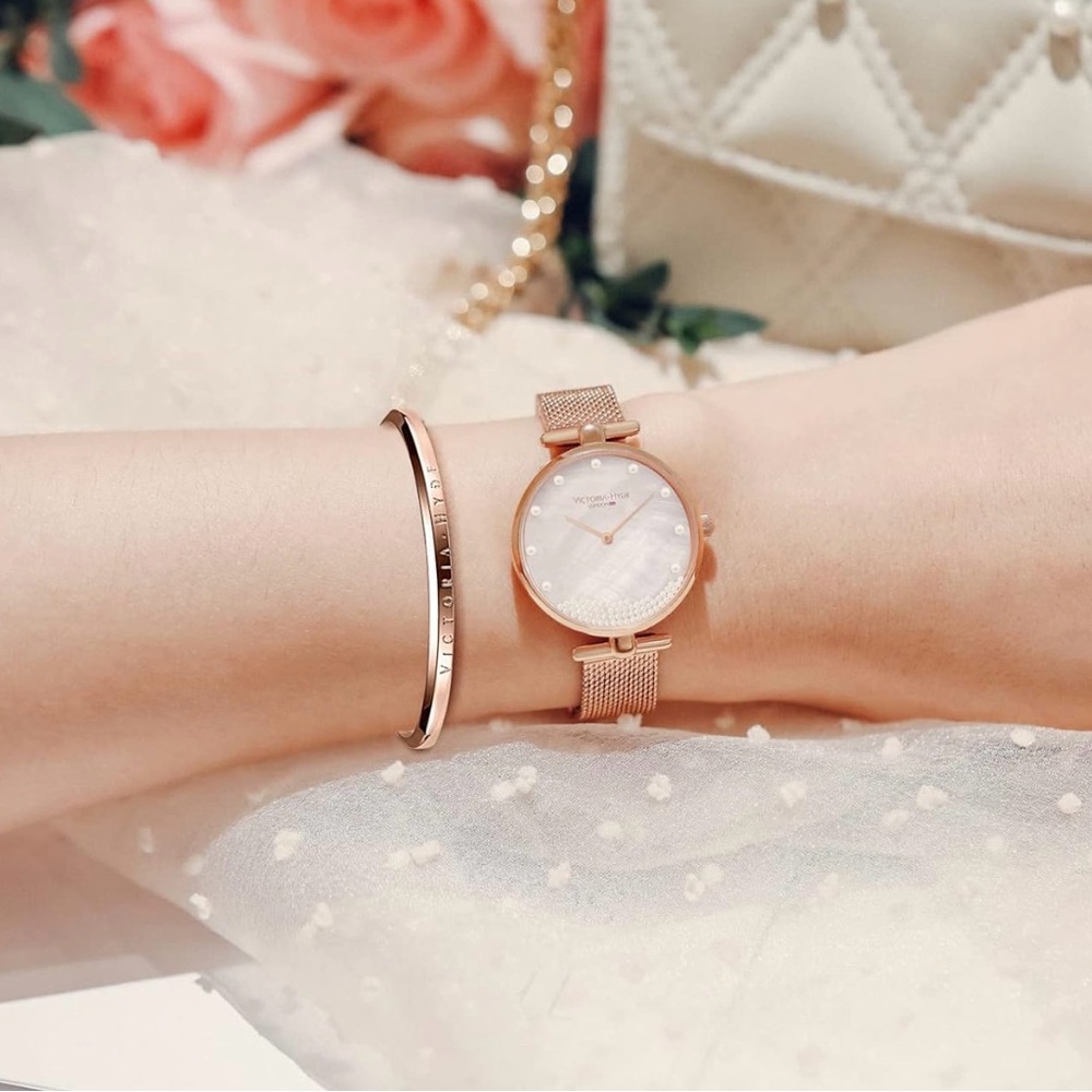 Victoria Hyde London Rose Gold Mesh Strap Watch - Pearl Dial